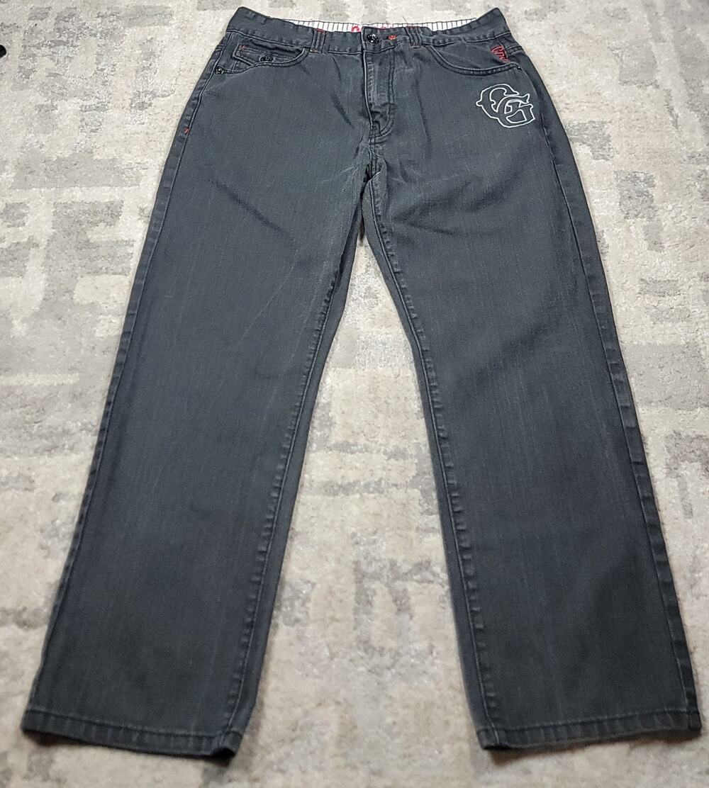 Y2K Coogi Men's Black Colorful Embroidered Grunge Baggy Hip Hop Jeans Size 35x28